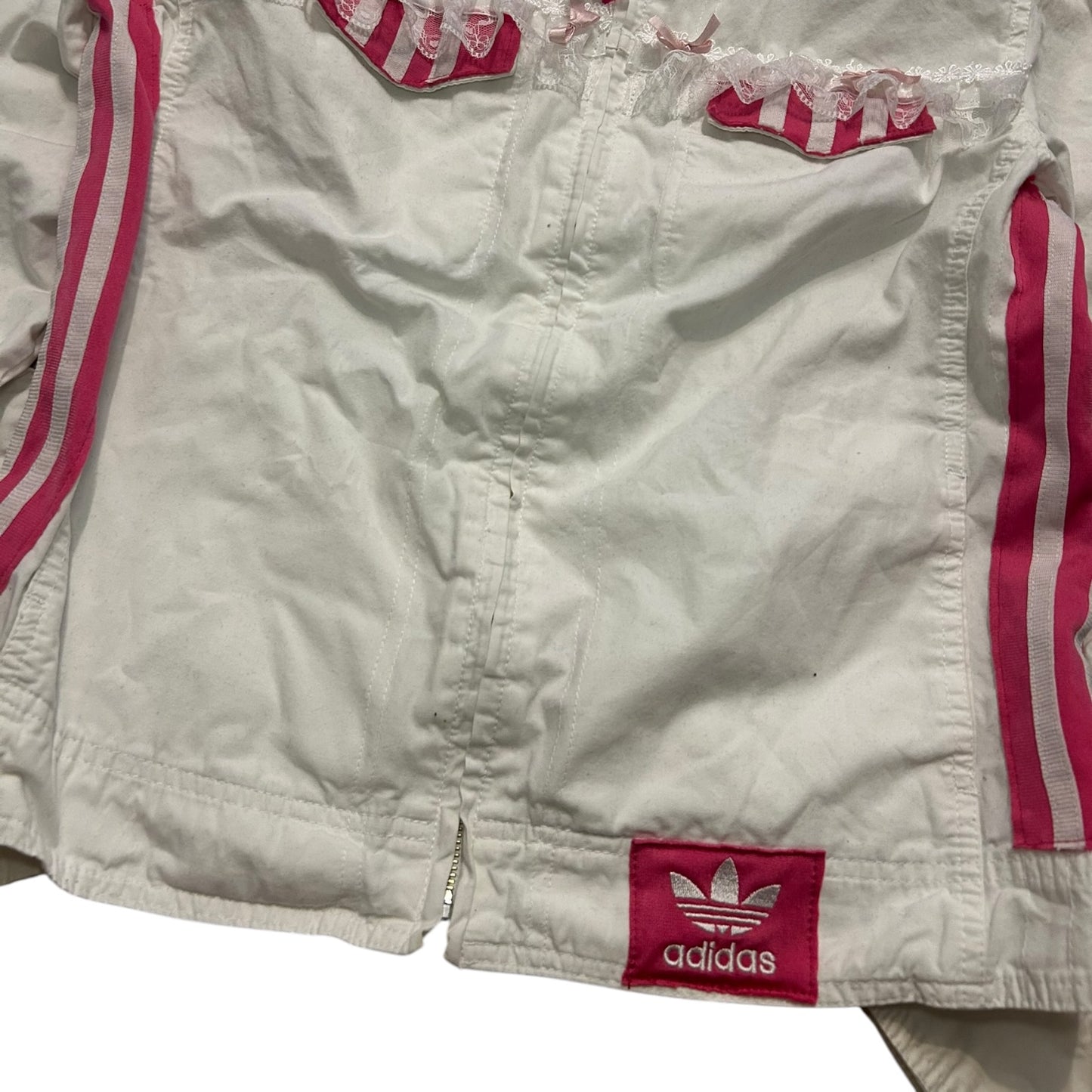 Adidas kurtka damska upcycle vintage coquette Y2K z koronką różowa unikat ♻️🖤